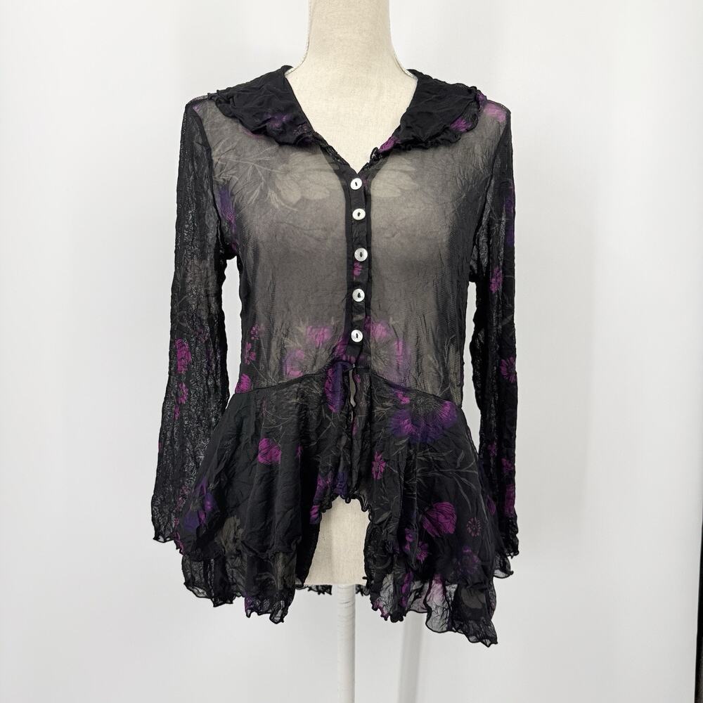 LIV by Habitat Crinkled Mesh Tunic Small Sheer Black Grapeseed Floral Lagenlook